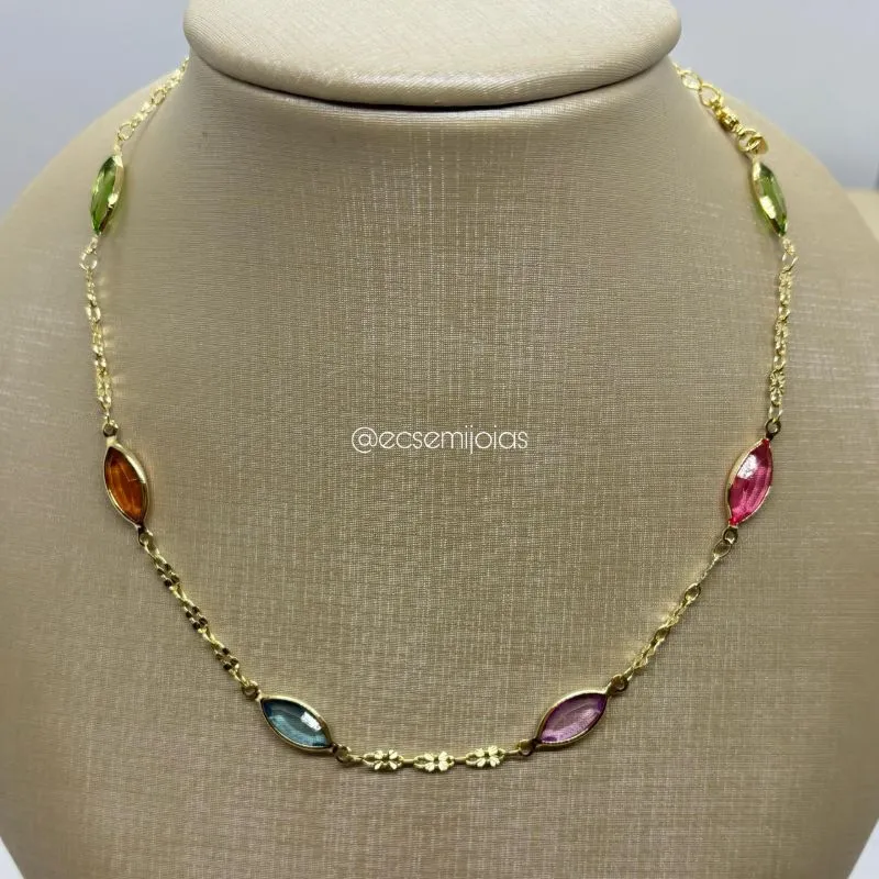 Choker de navetes cristais coloridas - 30cm + extensor - banhado a ouro 18k