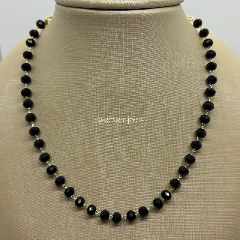 Choker de pedras redondas 6mm sextavadas - 30cm + extensor - banhado a ouro 18k