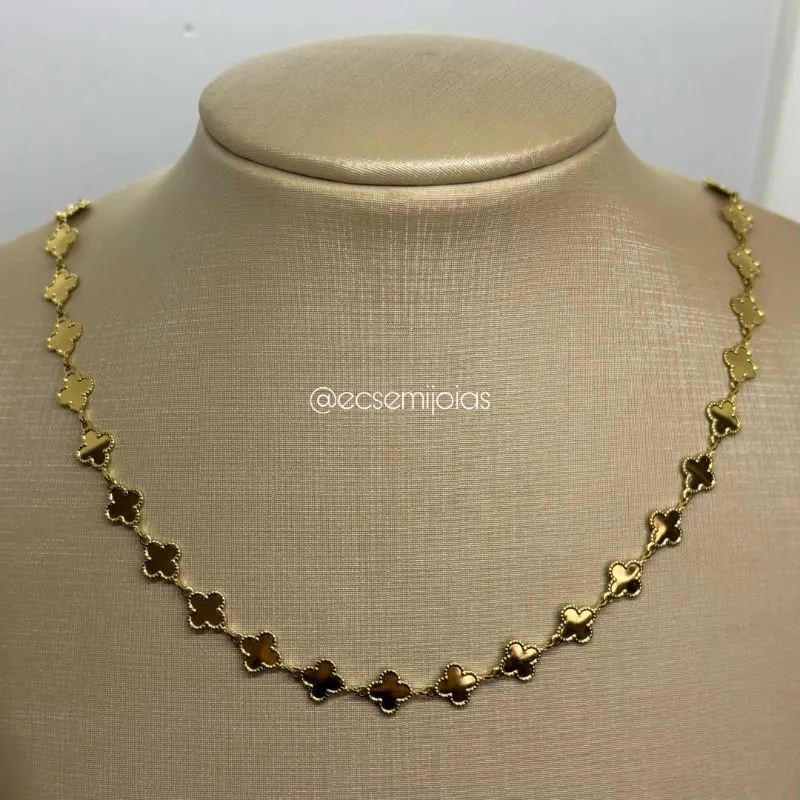 Colar 100% trevos lisos - 40cm + extensor - aço inoxidável dourado