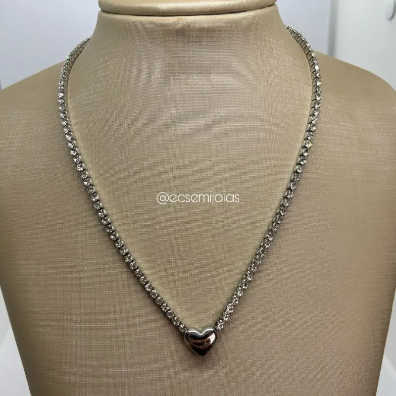 Colar 100% zircônia com coração liso no centro - 40cm + extensor - aço inoxidável