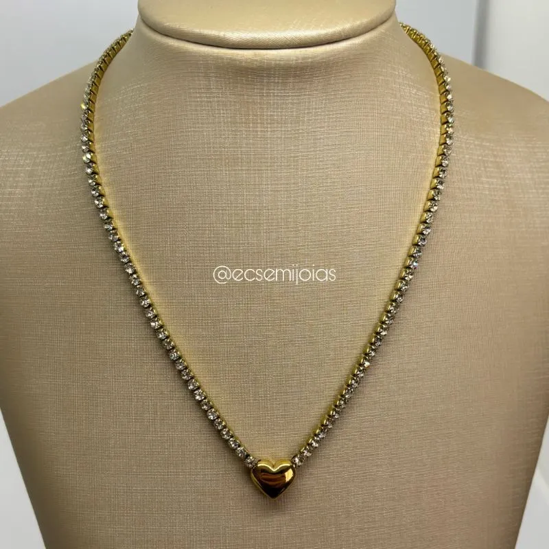 Colar 100% zircônia com coração liso no centro - 40cm + extensor - aço inoxidável dourado