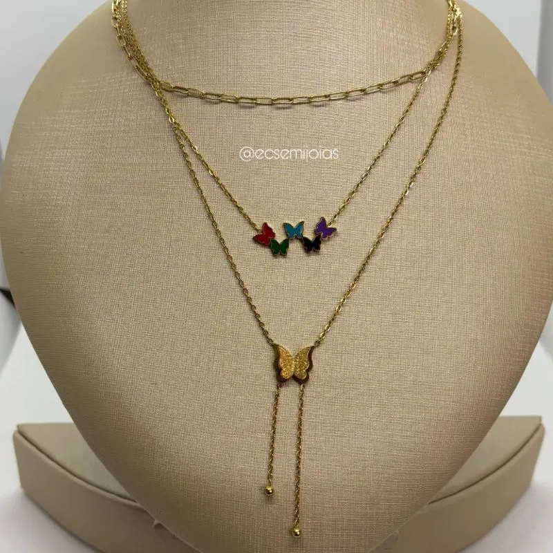 Colar 3 andares com borboletas coloridas e gravata de borboleta diamantada - 35cm + extensor - aço inoxidável dourado