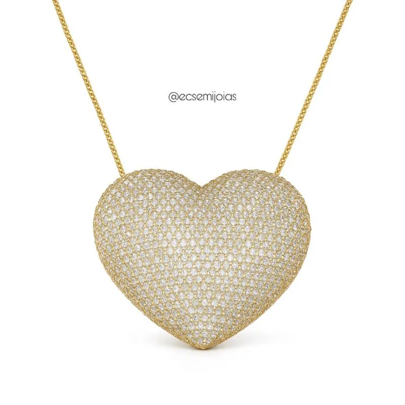 Colar coração 3,5cm cravejado - 45cm - banhado a ouro 18k