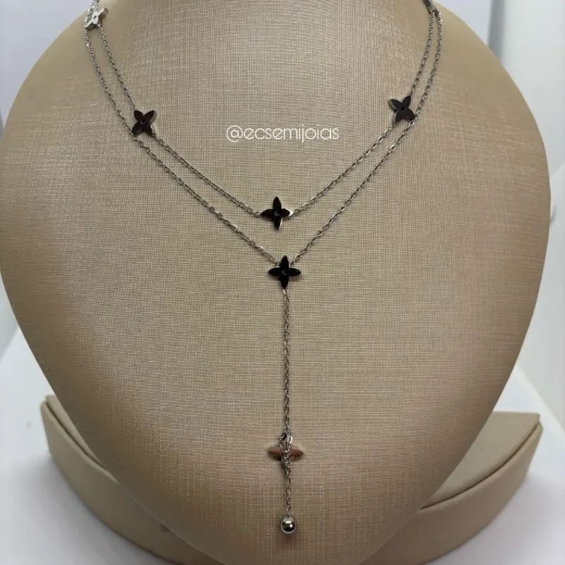 Colar de 2 andares gravata com florzinhas lisas - 40cm + extensor - aço inoxidável