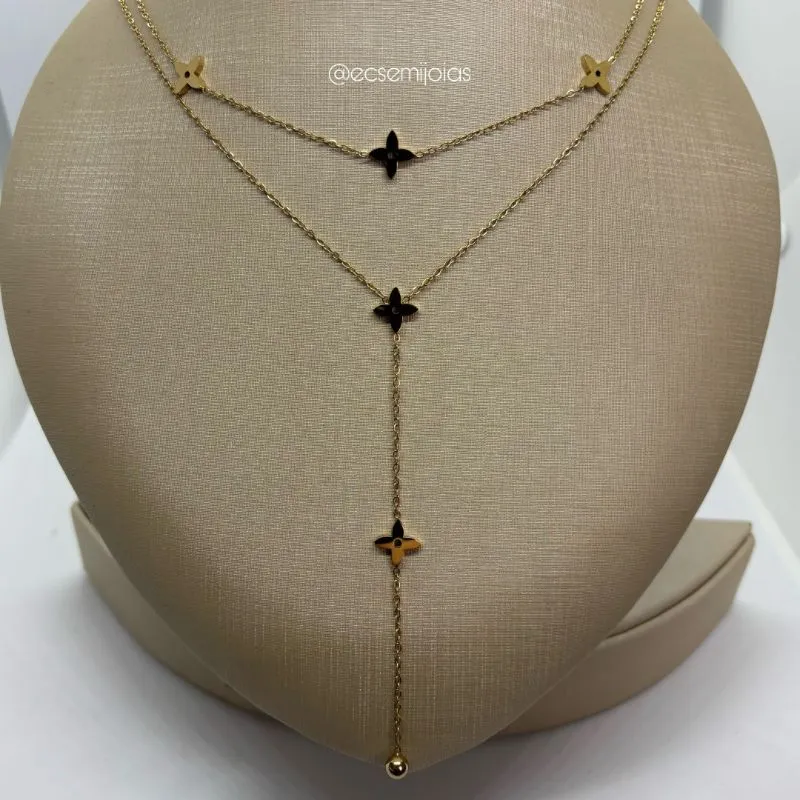 Colar de 2 andares gravata com florzinhas lisas - 40cm + extensor - aço inoxidável dourado