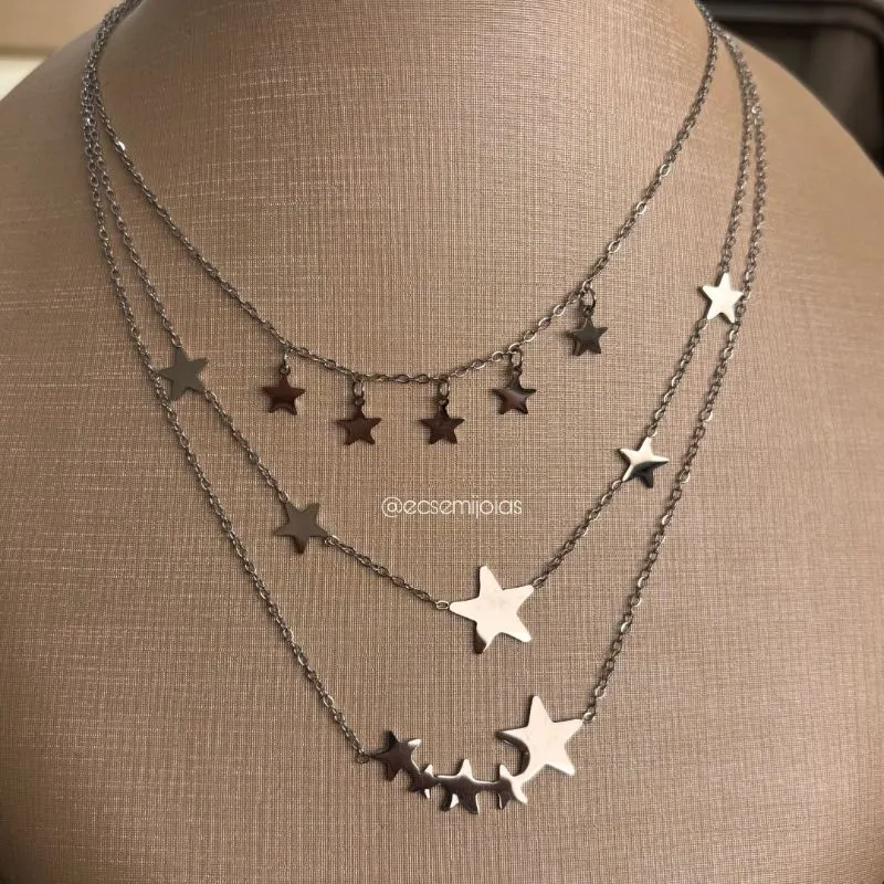 Colar de 3 andares com estrelas lisas - 35cm + extensor - aço inoxidável