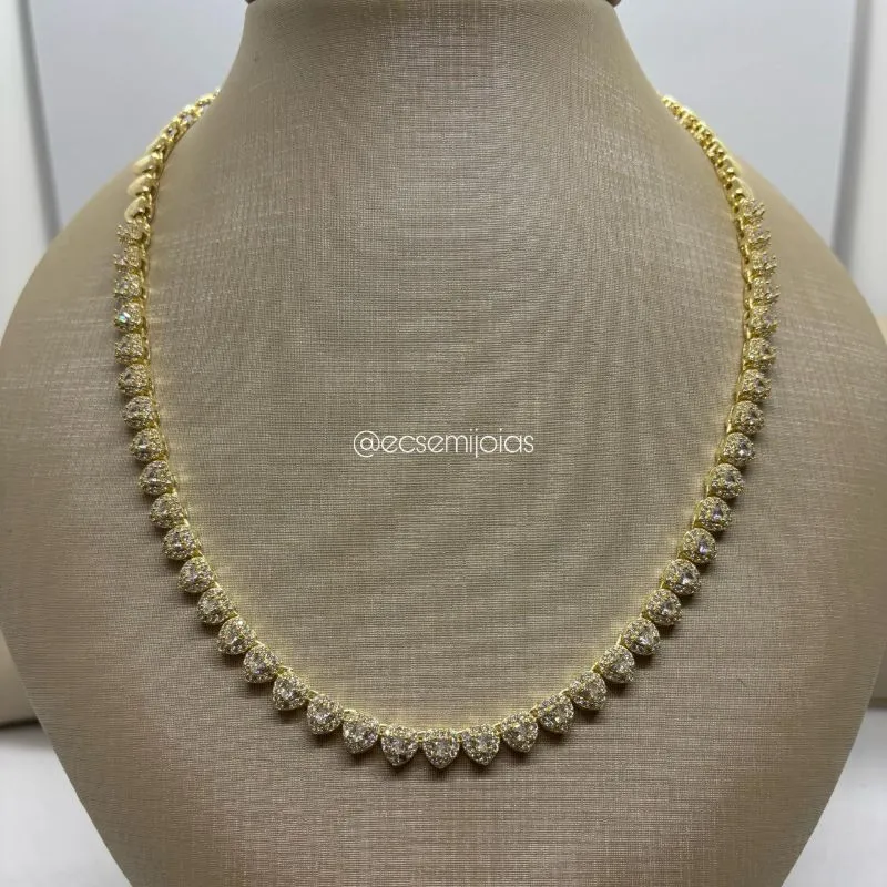 Colar de elos de corações cravejados - 45cm - banhado a ouro 18k