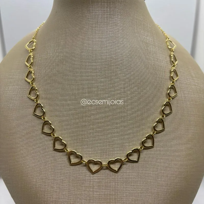 Colar de elos de corações lisos vazados - 40cm + extensor - banhado a ouro 18k
