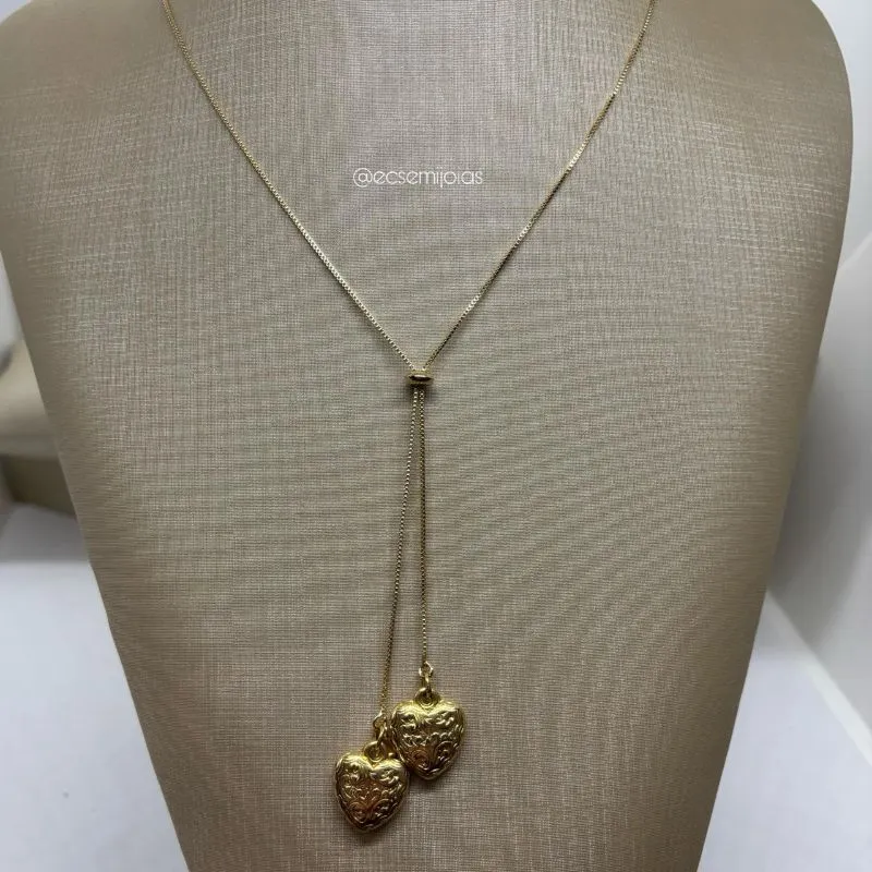 Colar gravata ajustável com 2 corações nas pontas - 70cm - banhado a ouro 18k