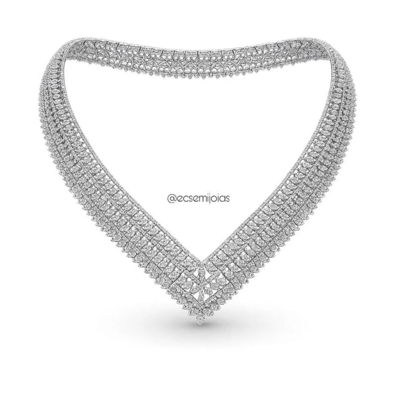 Colar luxo com 3 fileiras de navetes cravejadas todo vazado - banhado a ródio branco