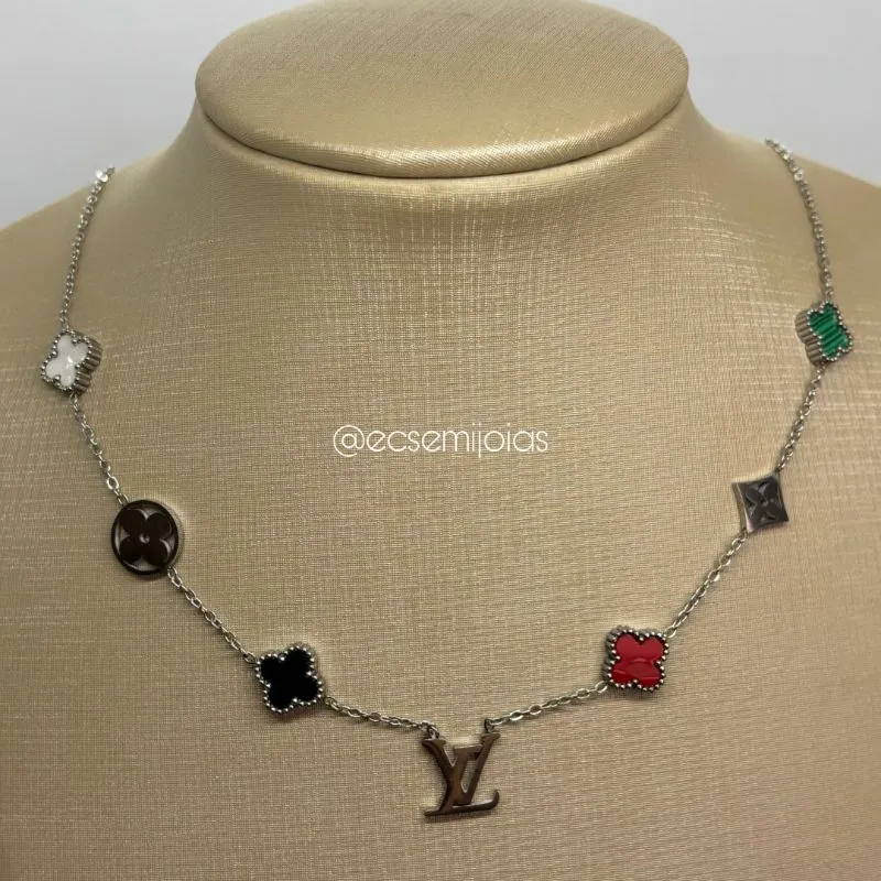 Colar português fininho com trevos coloridos inspiração - 45cm + extensor - aço inoxidável
