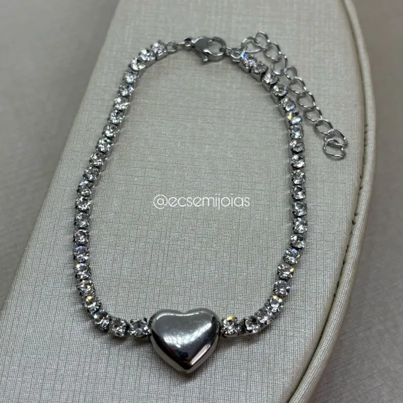 Pulseira 100% zircônia com coração liso no centro - 18cm + extensor - aço inoxidável