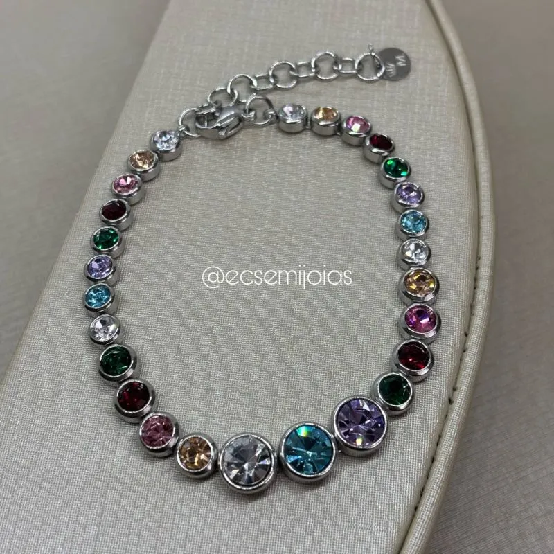 Pulseira com 100% de zircônias redondas maiores - 16,5cm + extensor - aço inoxidável