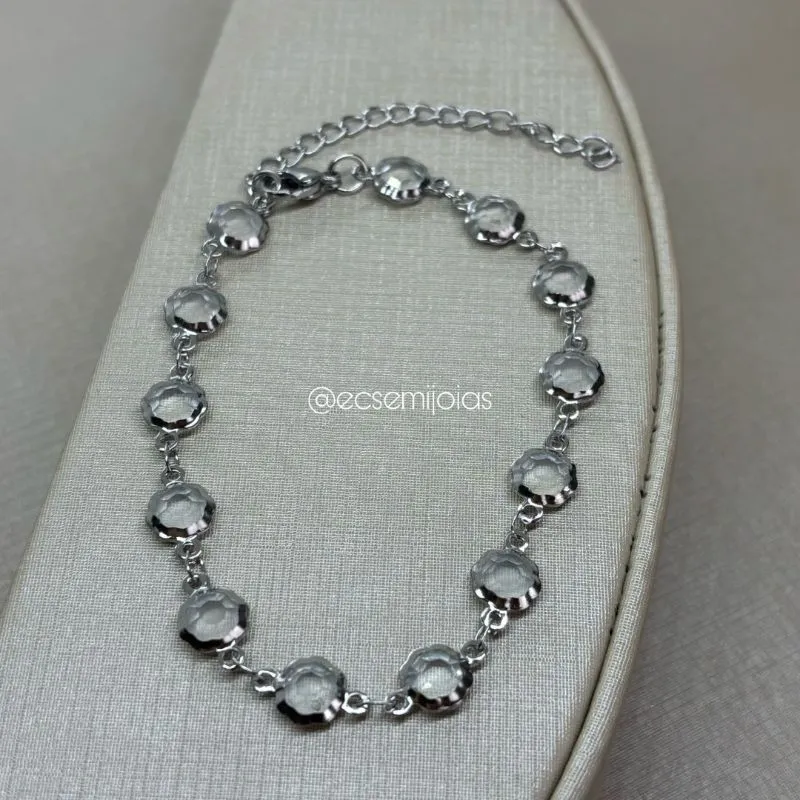 Pulseira com 100% pedras cristais sextavadas - 18cm + extensor - aço inoxidável