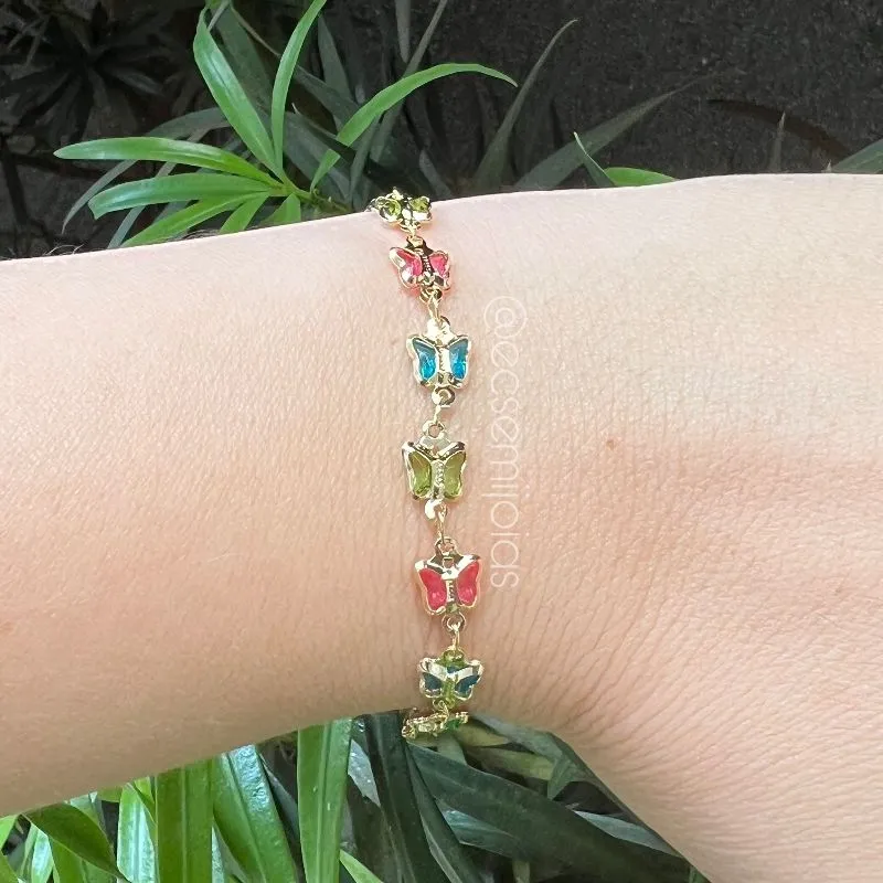 Pulseira com borboletas coloridas - 16cm + extensor - banhado a ouro 18k