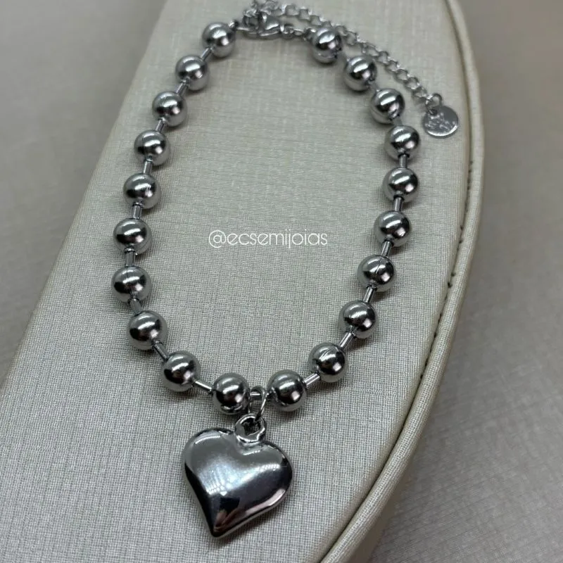 Pulseira de bolas lisas com pingente de coração liso - 18cm + extensor - aço inoxidável