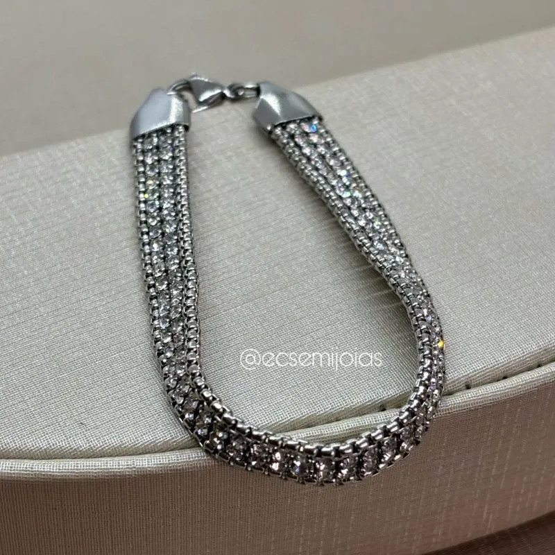Pulseira de malha cravejada - 18cm + extensor - aço inoxidável