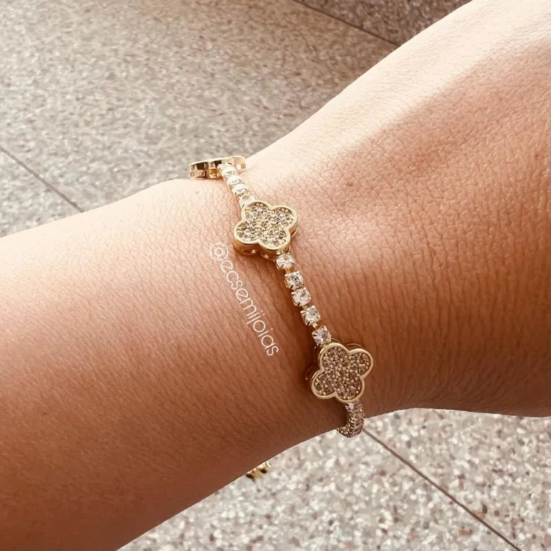 Pulseira de zircônias e trevos cravejados  - ajustável - banhado a ouro 18k