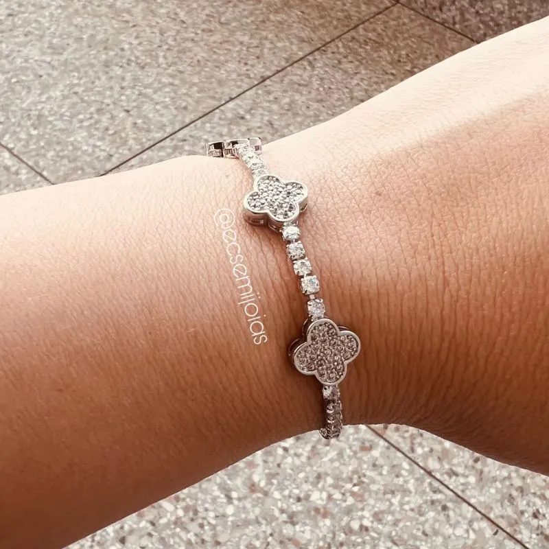 Pulseira de zircônias e trevos cravejados  - ajustável - banhado a ródio branco