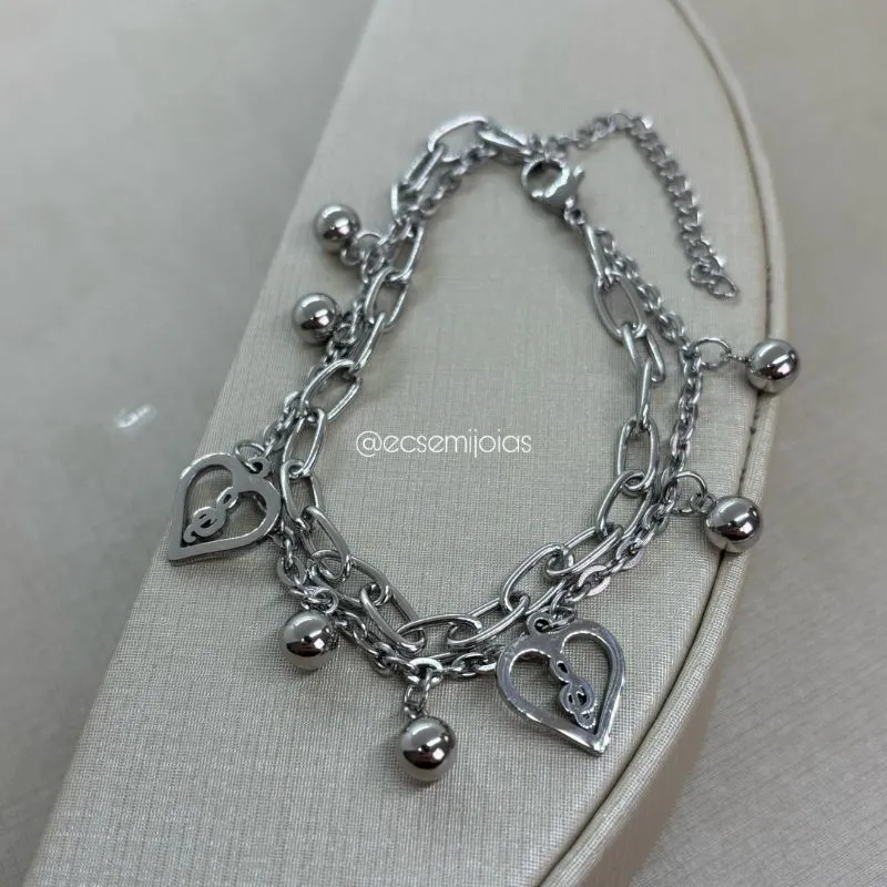 Pulseira dupla cartier com corações vazados com nota musical e bolas lisas - 19cm + extensor - aço inoxidável