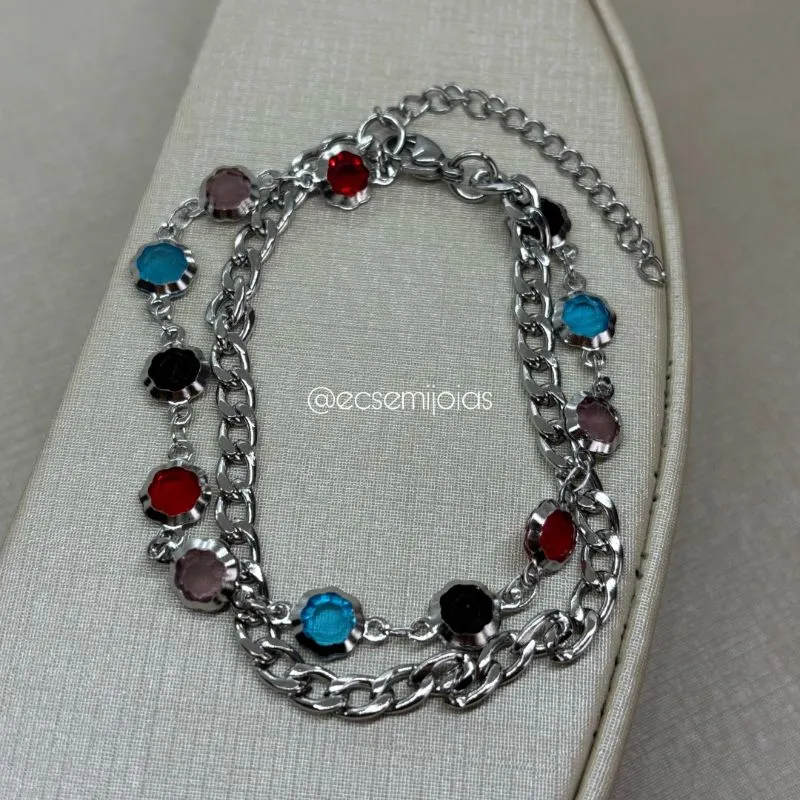 Pulseira dupla de elo grumet e elos 100% pedras cristais sextavadas - 17,5cm + extensor - aço inoxidável