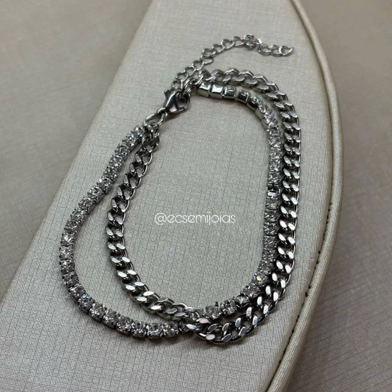 Pulseira dupla de elo grumet e elos 100% zircônias - 17,5cm + extensor - aço inoxidável