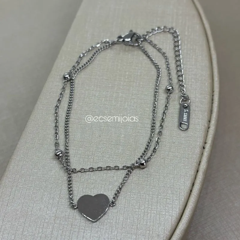 Pulseira dupla de elo português fininho com bolinhas e coração liso - 17cm + extensor - aço inoxidável