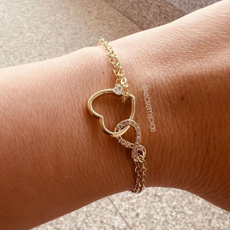 Pulseira elo duplo baiano fininho com coração liso vazado e infinito cravejado - 15cm + extensor - banhado a ouro 18k