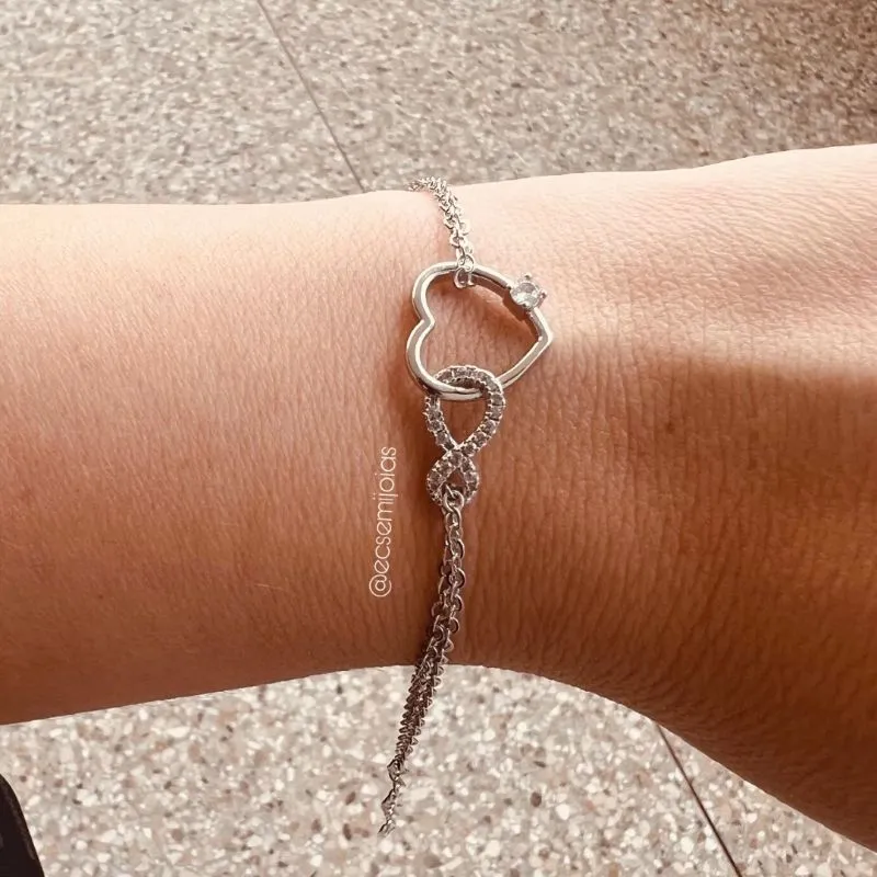 Pulseira elo duplo baiano fininho com coração liso vazado e infinito cravejado - 15cm + extensor - banhado a ródio branco