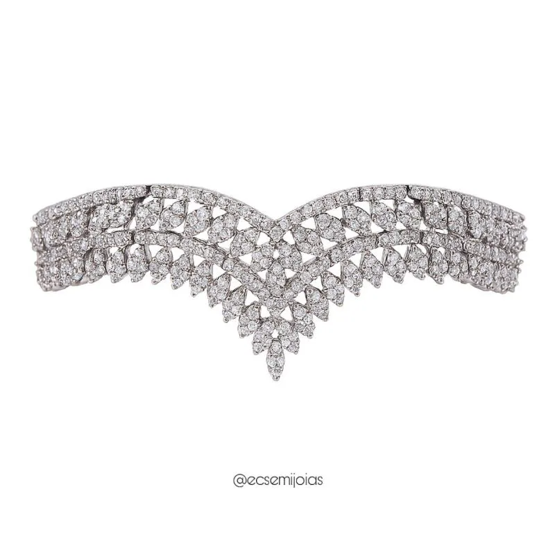 Pulseira luxo com 3 fileiras de navetes cravejadas todo vazado - 17,5cm - banhado a ródio branco