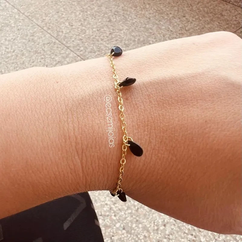 Pulseira portuguesa fininha com cristais 5mm coloridos pendurados - 19cm + extensor - banhado a ouro 18k