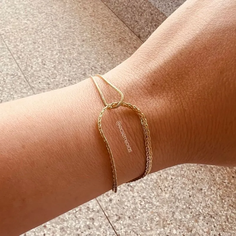 Pulseira trançada com rabo de rato fininho e fita trançada - 16cm + extensor - banhado a ouro 18k