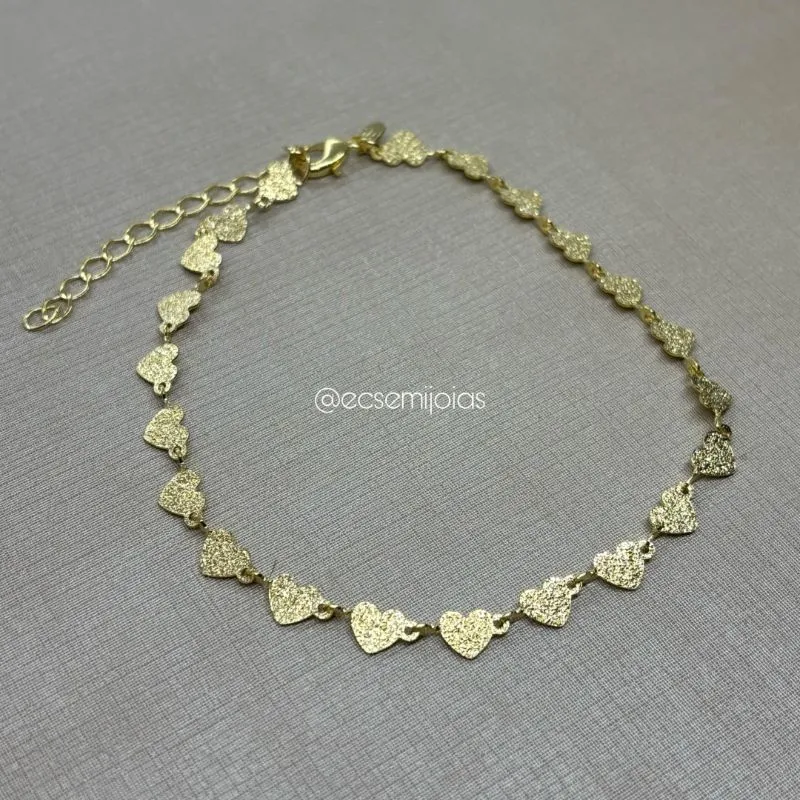 Tornozeleira de corações diamantados - 23cm + extensor - banhado a ouro 18k