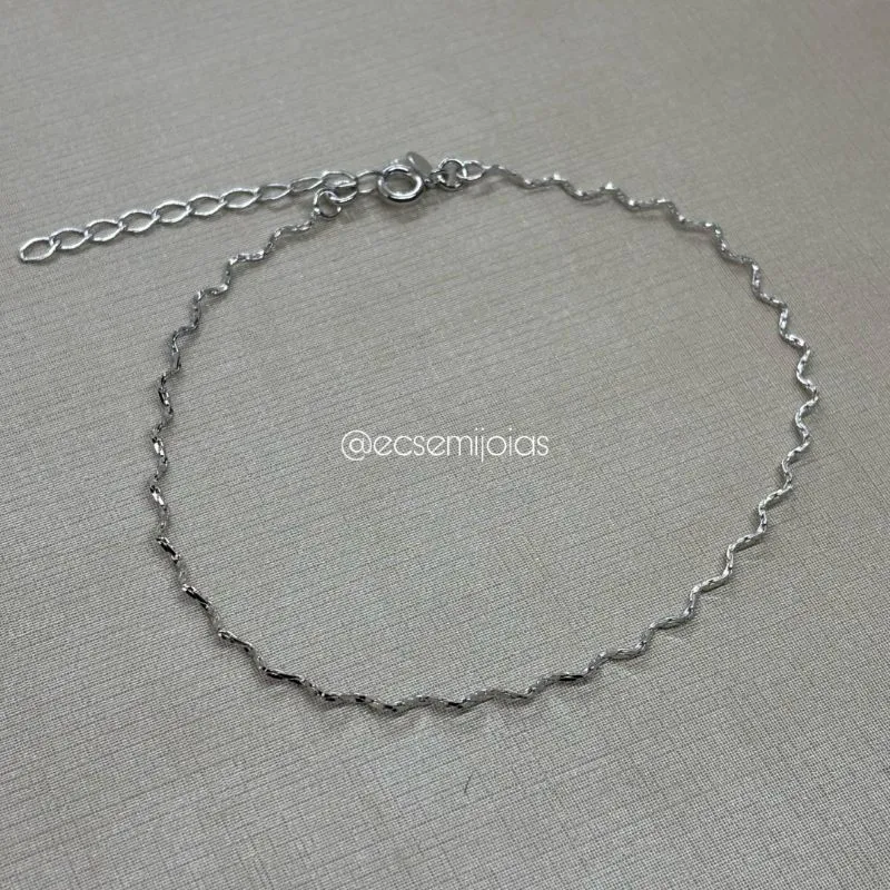 Tornozeleira de ondas - 23cm + extensor - banhado a ródio branco