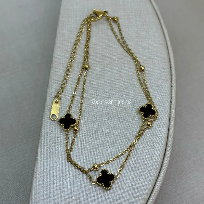 Tornozeleira portuguesinha dupla com bolinhas lisas e 3 trevos - 20cm + extensor - aço inoxidável dourado