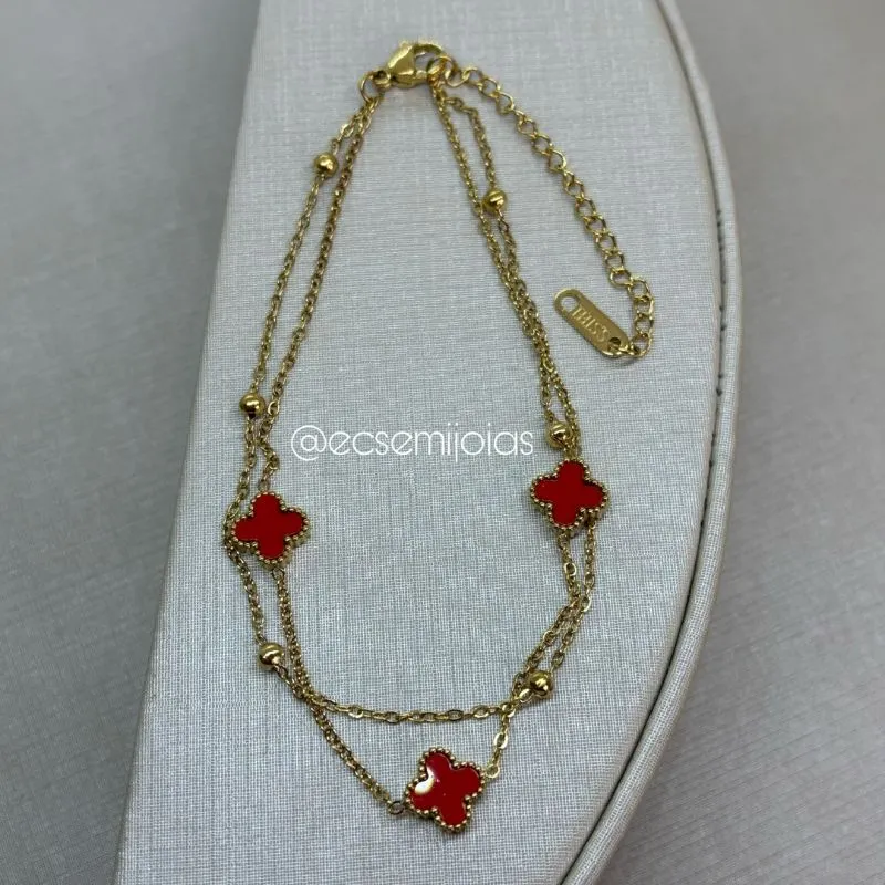 Tornozeleira portuguesinha dupla com bolinhas lisas e 3 trevos - 20cm + extensor - aço inoxidável dourado