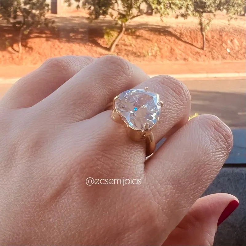 Anel de zircônia de coração 14mm grande - banhado a ouro 18k