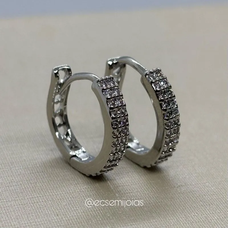 Argola 2 fileiras cravejadas 15mm - banhado a ródio branco