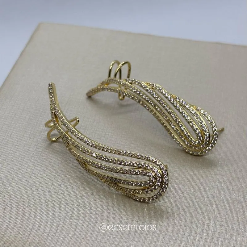 Brinco ear cuff de asa cravejada toda vazada - banhado a ouro 18k