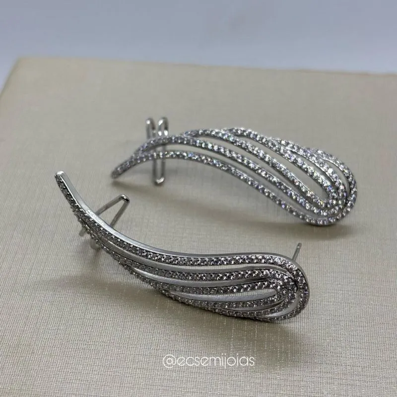 Brinco ear cuff de asa cravejada toda vazada - banhado a ródio branco