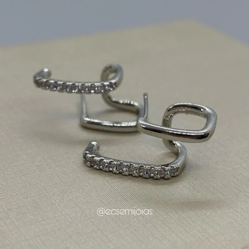 Brinco ear hook com aro liso e aro cravejado - banhado a ródio branco