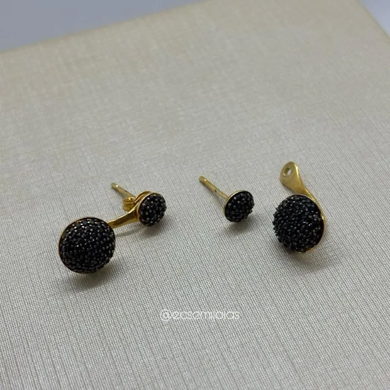 Brinco ear jacket redondo cravejado - banhado a ouro 18k