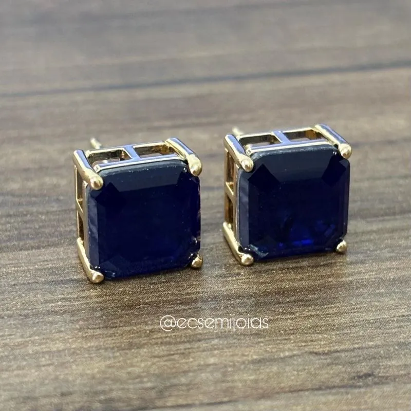 Brinco pedra quadrada 10x10mm com galeria - banhado a ouro 18k