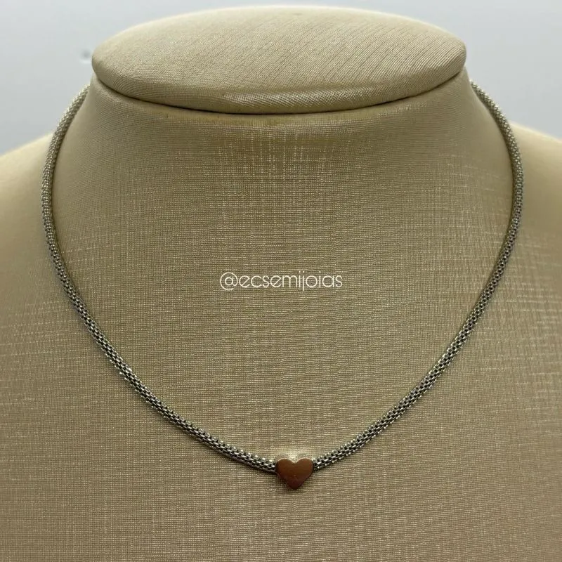 Choker snake com coração liso no centro - 32cm + extensor - banhado a ródio branco