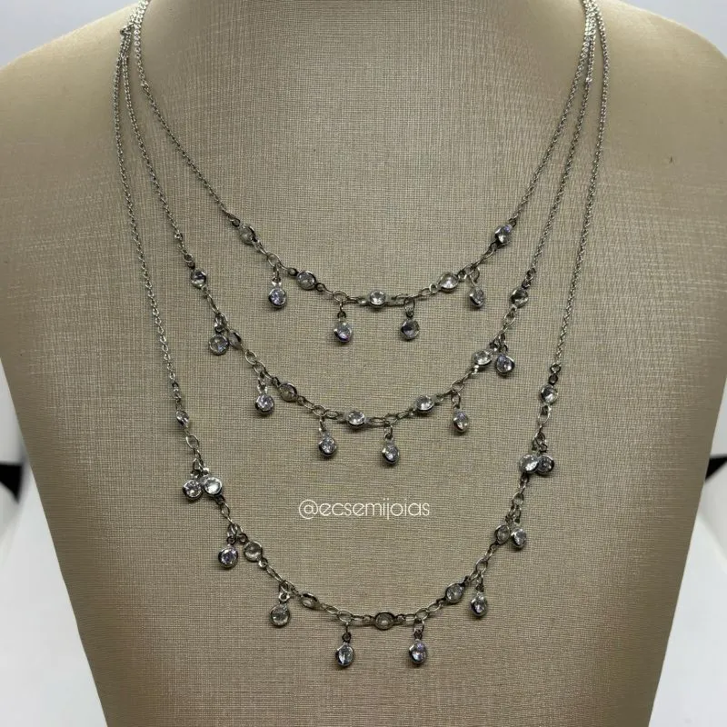Colar com 3 andares com zircônias penduradas - 40cm + extensor - banhado a ródio branco
