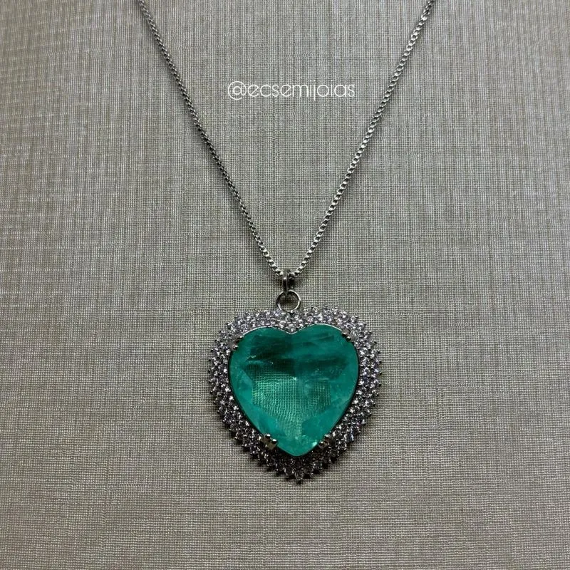 Colar com pingente de coração de pedra fusion cravejado em volta - 40cm + extensor - banhado a ródio branco
