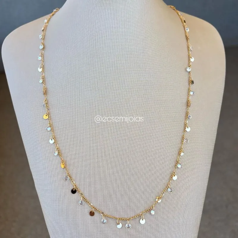 Colar de elo grumet fininho com zircônias e moedas lisas penduradas - 80cm + extensor - banhado a ouro 18k