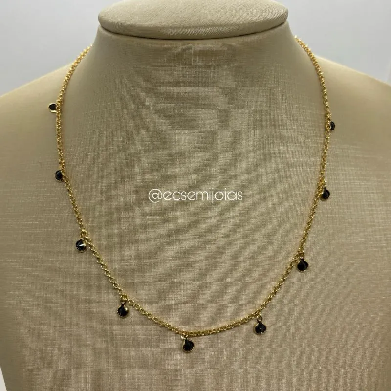 Colar de elo grumet fininho com zircônias penduradas - 40cm + extensor - banhado a ouro 18k