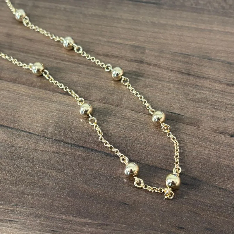 Colar elo português fininho com bolas 6mm lisas - 45cm + extensor - banhado a ouro 18k
