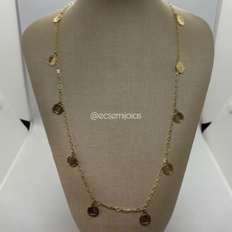 Colar elo português fininho com moedas dos 10 mandamentos - 76cm + extensor - banhado a ouro 18k